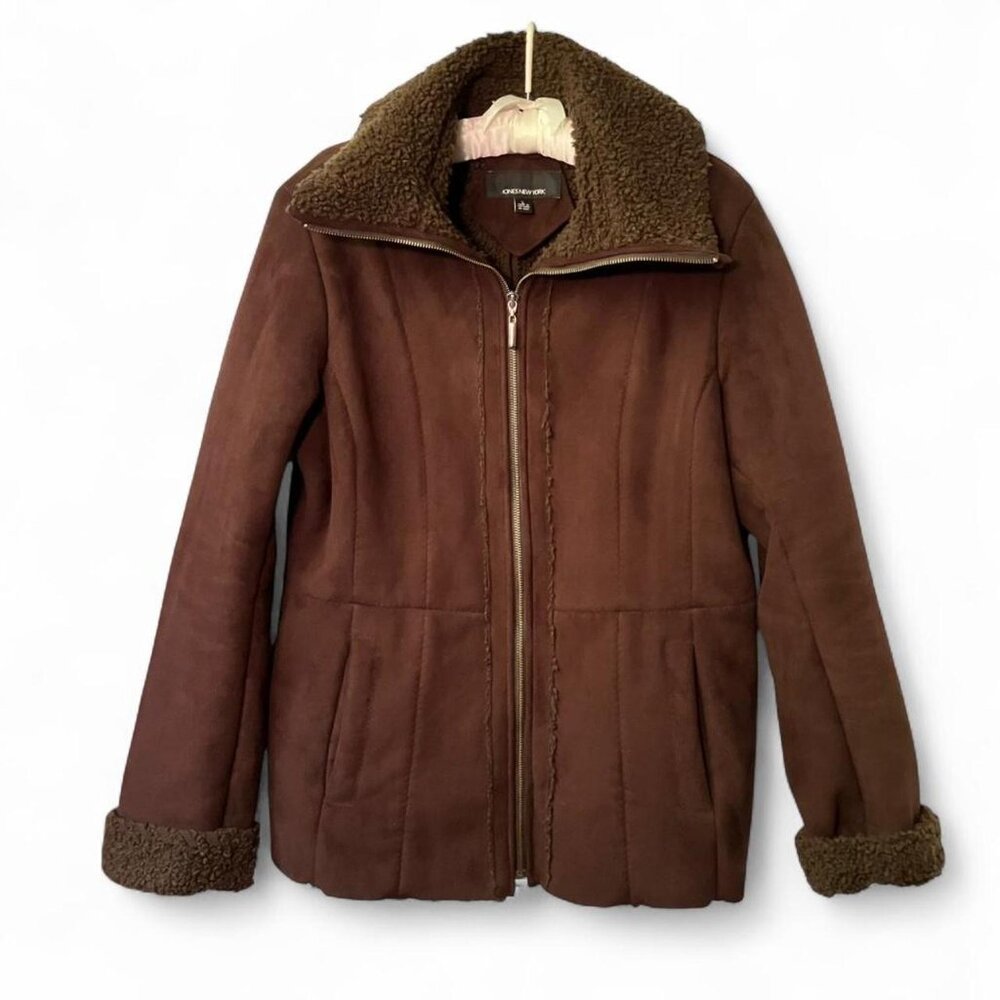 Jones New York Faux Suede Brown Jacket With Faux Fur Sherpa Collar